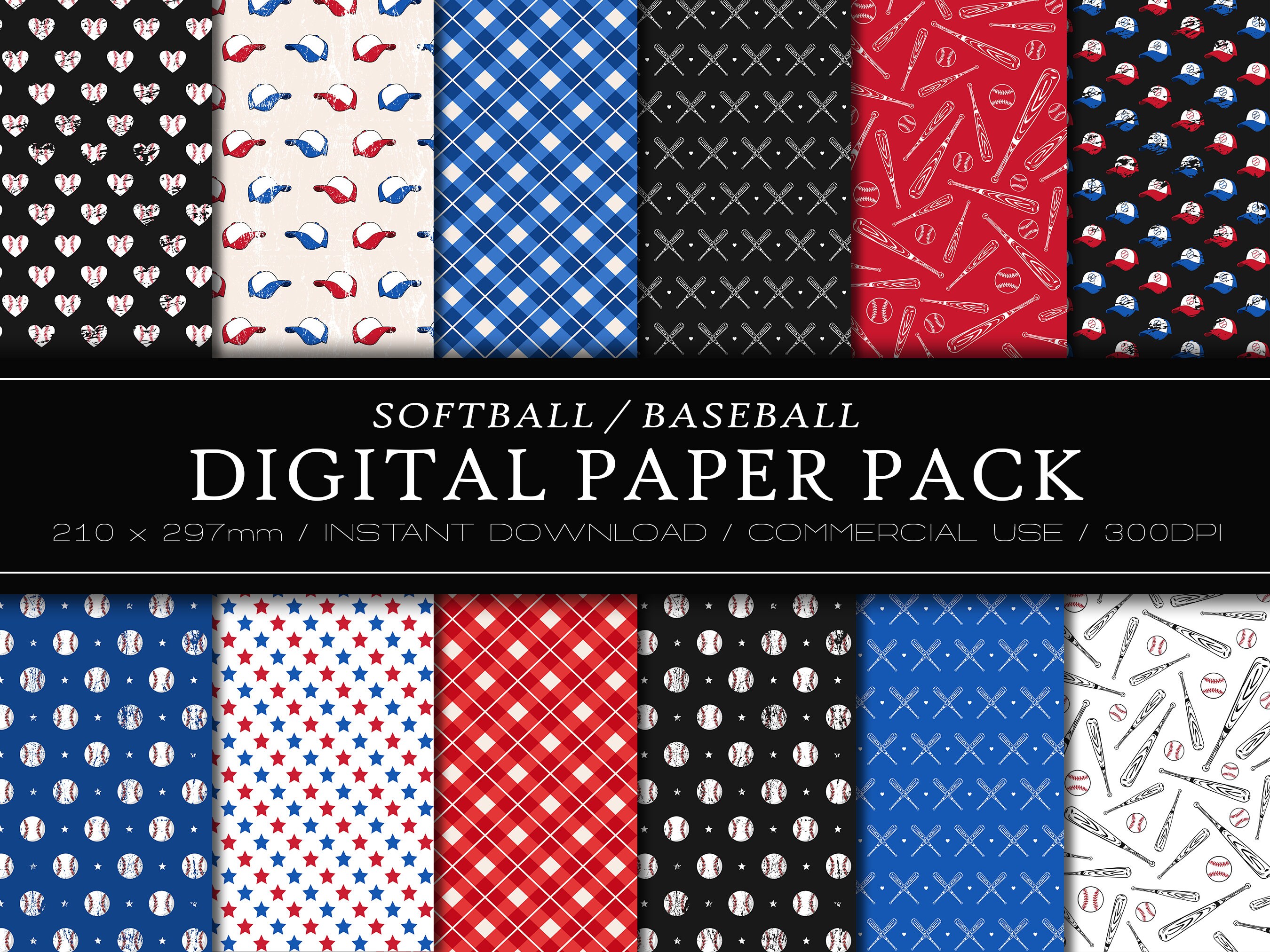 Softball Patterns - Seamless Pattern, JPG, PNG, Commercial Use, Digital ...