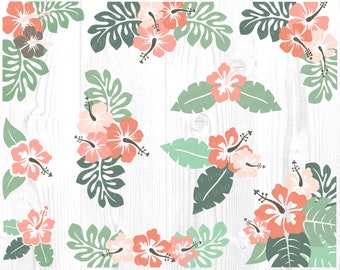 Tropical Flowers Cut Files Bundle - SVG, PNG, JPG, digital vector files - Commercial Use, Instant Download, Transparent Background, Hibiscus