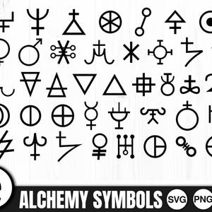 Puede incluir: Un gráfico en blanco y negro con 40 símbolos de alquimia. Los símbolos están dispuestos en una cuadrícula. El texto "ALCHEMY SYMBOLS" está en la parte inferior del gráfico.