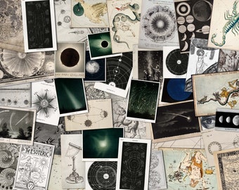 May include: A collage of vintage astronomical illustrations and prints. The collection includes images of celestial bodies, constellations, and scientific diagrams. The color palette is primarily sepia, black, and white, with some green and blue accents.