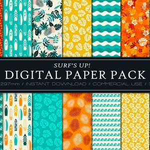 Surfing Digital Papers - PNG, JPG, SVG, Użycie komercyjne, Natychmiastowe pobieranie, Wzór cyfrowy, Wzór tropikalny, Papier do scrapbookingu, Wzór surfera