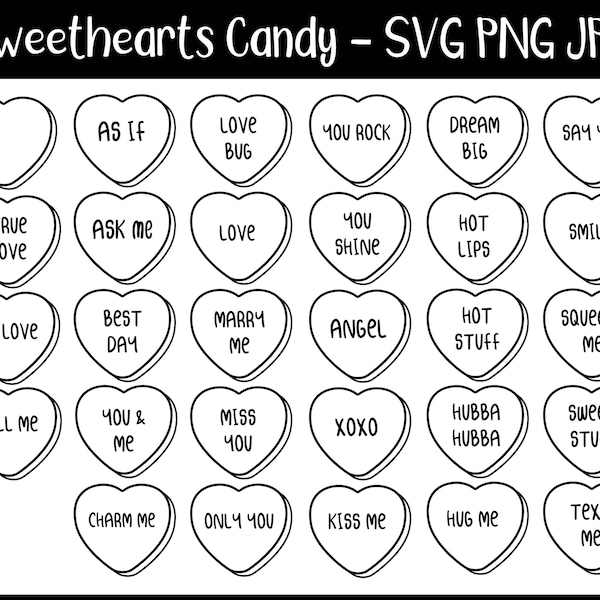 Conversation Hearts - SVG, PNG, JPG, Valentines Candy, Commercial Use, Instant Download, File for Cricut, Candy Svg, Line Drawing, Candy Svg