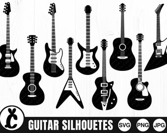 Guitar Silhouettes - SVG, PNG, JPG - Digital Cut Files, Commercial Use, Instant Download, Files for Cricut, Electric Guitar, Acoustic Guitar