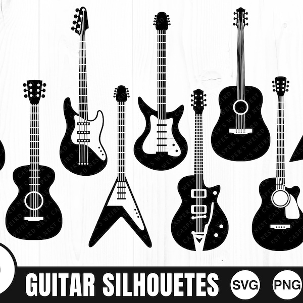 Guitar Silhouettes - SVG, PNG, JPG - Digital Cut Files, Commercial Use, Instant Download, Files for Cricut, Electric Guitar, Acoustic Guitar