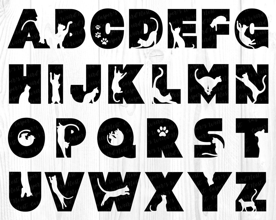 Cat Silhouette Alphabet SVG PNG JPG Transparent Background Etsy