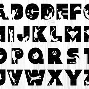 Alphabet silhouette chat, SVG PNG JPG, fond Transparent, usage commercial, téléchargement immédiat, maman chat, lettres chat, chat svg, chaton, chaton