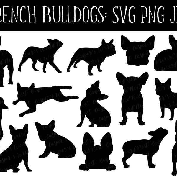 Franse Bulldog Silhouette Bundle, SVG, PNG, JPG, digitale cut bestanden, Commercieel gebruik, Transparante achtergrond, Instant Download, Klaar om te snijden