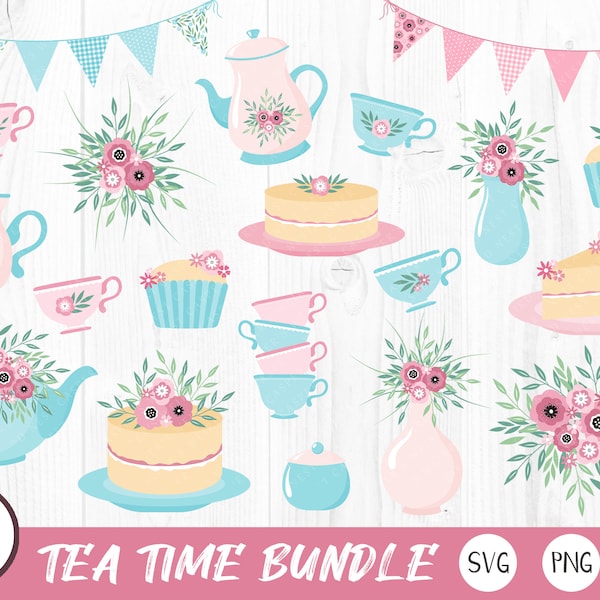 Tea Time Bundle - SVG, PNG, JPG - Digital Cut File, Instant Download, Commercial Use, Files for Cricut, Ready to Cut, Teapot Svg, Tea Party