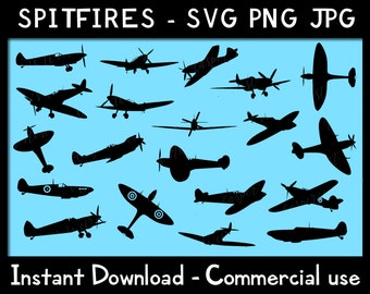 Spitfire Silhouettes - SVG, PNG, JPG - Digital Cut Files, Commercial Use, Instant Download, Ready to cut, Files for Cricut, Cutting Files