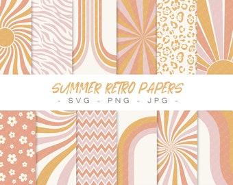 May include: A set of 10 digital paper designs in a retro summer theme. The papers feature a variety of patterns, including stripes, polka dots, and floral designs. The colors are a mix of pink, yellow, and white.