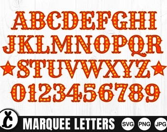 May include: Red and yellow marquee letters and numbers with white outlines and light bulbs. The letters spell out the alphabet and the numbers 0-9. The letters are in a bold, decorative font. The image includes the text "MARQUEE LETTERS" and the file formats "SVG, PNG, JPG".