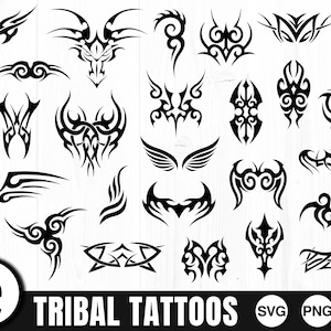 May include: A set of 28 black and white tribal tattoo designs. The designs are intricate and detailed, and they would be perfect for anyone looking for a unique and stylish tattoo.