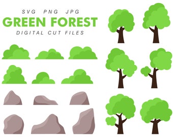 Trees, Bushes and Rocks - Digital Cut Files - SVG PNG JPG - Commercial Use, Instant Download, Layered Tree, Tree Svg, Cartoon Tree, Bush Svg