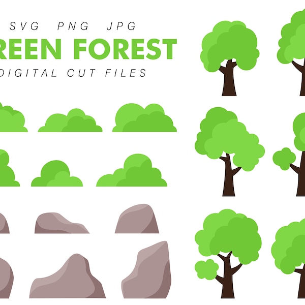 Trees, Bushes and Rocks - Digital Cut Files - SVG PNG JPG - Commercial Use, Instant Download, Layered Tree, Tree Svg, Cartoon Tree, Bush Svg