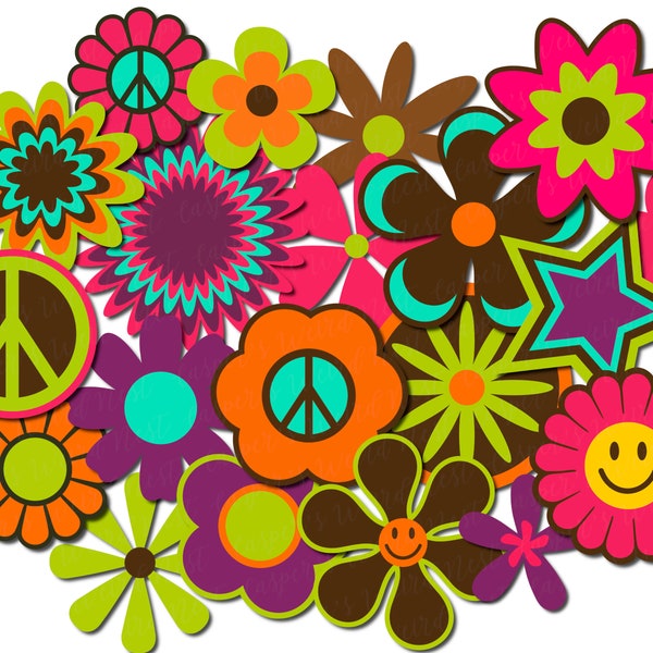 Hippy Layered Flower Bundle - SVG PNG JPG - Retro 60er, 70er, 80er kommerzielle Nutzung, Sofortiger Download, Dateien für Cricut / Silhouette Studio