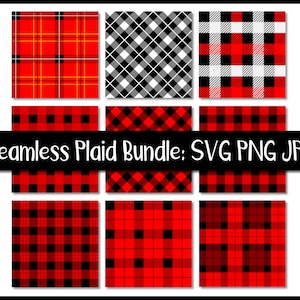 Puede incluir: Un conjunto de nueve patrones de cuadros sin costuras en rojo, negro y blanco. Los patrones incluyen varios estilos de cuadros, como cuadros de búfalo, tartán y vichy. El texto "Seamless Plaid Bundle: SVG PNG JPG" se muestra en la parte inferior de la imagen.