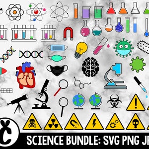 Pacote de ícones de ciência/química - SVG, PNG, JPG - Uso comercial - Fundo transparente - 60 designs exclusivos - Pronto para cortar - Ícone de ciência