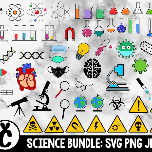 Science / Chemistry Icons Bundle - SVG, PNG, JPG - Commercial Use - Transparent Background - 60 unique designs - Ready to Cut - Science icon