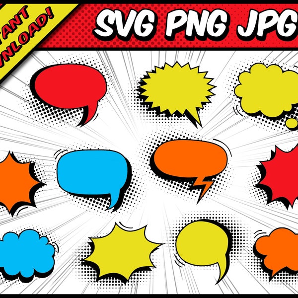 Blank Colored Comic Style Speech / Thought Bubbles - SVG, PNG, JPG - Digital Cut File - Commercial use - Instant Download - Files for Cricut