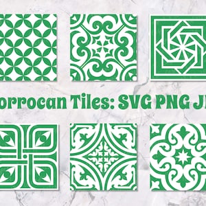 May include: Six green and white Moroccan tile designs. The tiles feature geometric patterns and are perfect for crafting projects.
