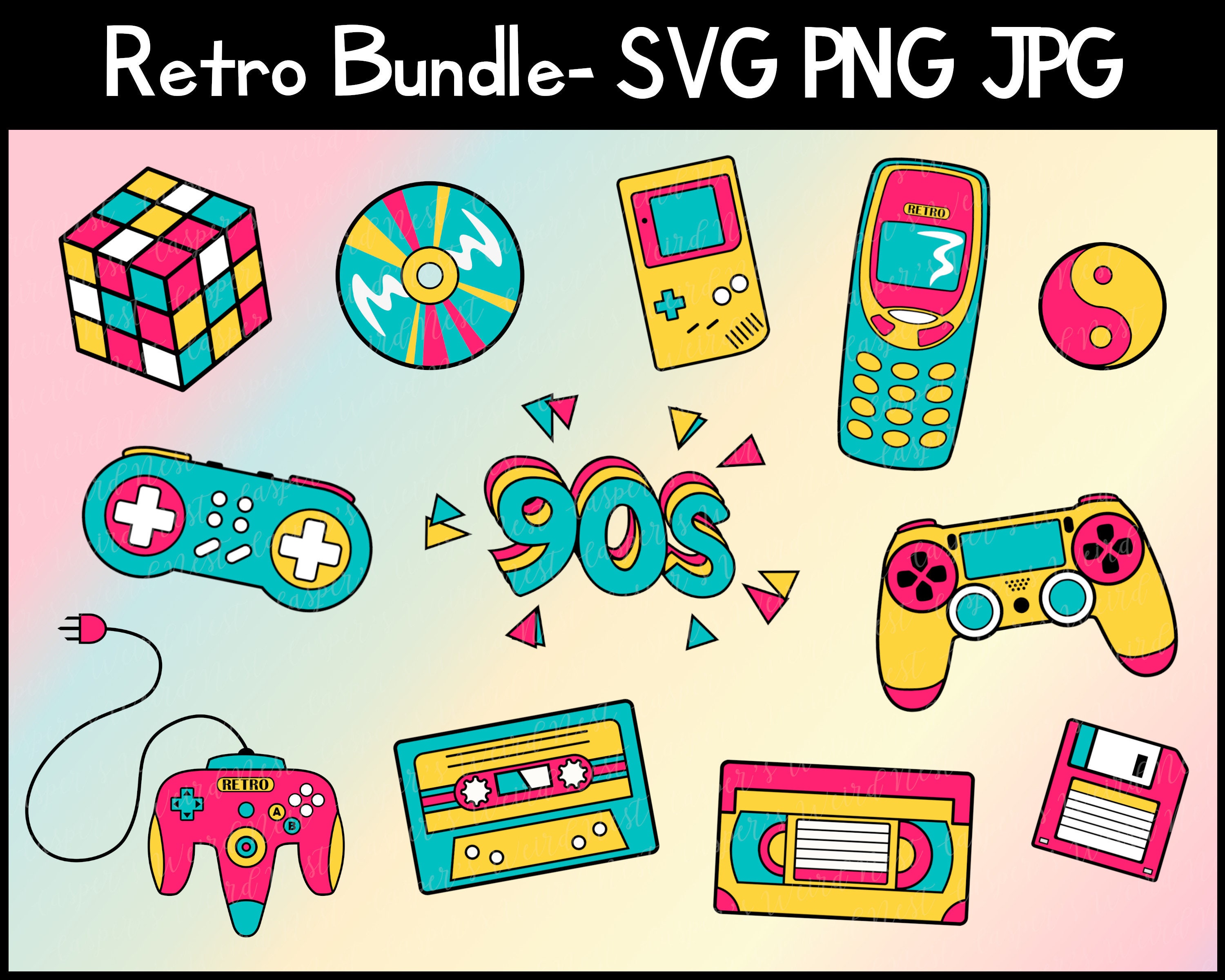 Hãy tươi sáng bức màn cuộc sống của bạn với bộ sưu tập Retro / 90s Bundle SVG PNG JPG Transparent Background Online! Bao gồm nhiều thiết kế khác nhau, bộ sưu tập này sẽ đem lại cảm giác thăng hoa cho bạn. Nhấn vào hình ảnh để tìm hiểu thêm về các gói khác nhau mà bạn có thể mua.