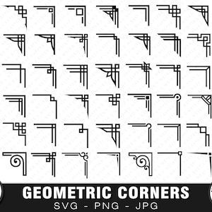 以下が含まれることがあります： さまざまなスタイルの黒い幾何学的なコーナーデザインのコレクション。画像には、さまざまな直角の形状、線、装飾要素が含まれています。下部のテキストは「GEOMETRIC CORNERS SVG - PNG - JPG」と表示されています。