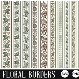 May include: A collection of vertical floral border designs in various styles. The borders feature detailed illustrations of leaves, flowers, and vines in shades of green, red, and brown, set against white backgrounds. The text "FLORAL BORDERS" is at the bottom.