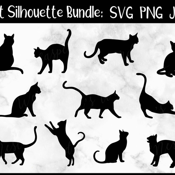 Cat Silhouette Bundle - SVG, PNG, JPG, Digital Cut Files, Commercial Use, Instant Download, Files for Cricut, Vector, Transparent Background