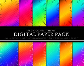 Neon Comic Digital Papers / Background - PNG & JPG - Commercial use - Instant Download - Rainbow Pattern - Superhero Comic Book - Paper Pack