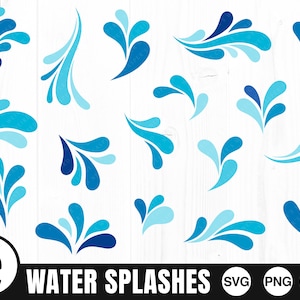 May include: A set of 16 blue water splash illustrations. The splashes are stylised and have a variety of shapes and sizes. The illustrations are perfect for adding a touch of whimsy to any design project.