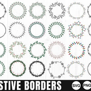 Könnte beinhalten: Set mit 20 festlichen Rahmen-Designs in Schwarz, Grün, Rot und Weiß. Die Rahmen zeigen Kränze, Lichter und Schneeflocken.  SVG-, PNG- und JPG-Dateiformate sind enthalten.