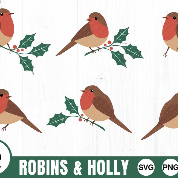 Robins & Holly Bundle - SVG, PNG, JPG, Digital Cut File - Utilisation commerciale, Téléchargement instantané, Holly Svg, Robin Svg, Robin de Noël, Festif