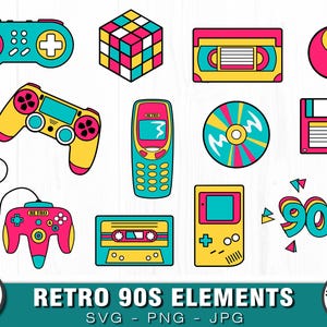 90s bundle - SVG, PNG, JPG, Commercial Use, Instant Download, Files for Cricut, Silhouette, Rubix Cube, Brick Phone, Floppy, Retro, 90s vibe