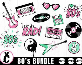 Peut inclure: Un ensemble de 10 images clipart numériques sur le thème des années 80. Les images comprennent une cassette audio, une guitare, un signe de paix, un symbole yin yang, un tourne-disque, une disquette, une cassette audio, un cœur avec des lunettes de soleil, un disque et une bulle de texte qui dit "Totally Rad!"