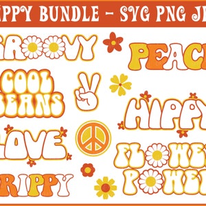 Paquete hippie / hippy - SVG PNG JPG - Fondo transparente - Uso comercial - Descarga instantánea - Archivos para Cricut / Silhouette - Groovy