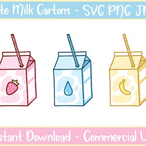 Pode incluir: Três caixas de leite de desenho animado com canudos. As caixas são rosa, azul e amarela. A caixa rosa tem um morango, a caixa azul tem uma gota de água e a caixa amarela tem uma banana.