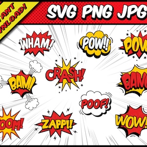 Comic Style Action Bubbles - SVG, PNG, JPG - Digital Cut File, Commercial use, Instant Download, Files for Cricut, Speech Bubble, Wham, Bam