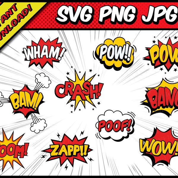 Comic Style Action Bubbles - SVG, PNG, JPG - Digital Cut File, Commercial use, Instant Download, Files for Cricut, Speech Bubble, Wham, Bam