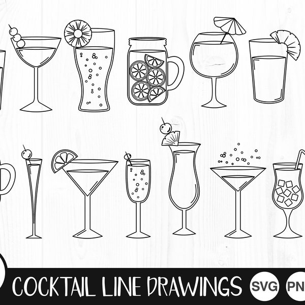 Dessins au trait de cocktail - SVG, PNG, JPG, Fichier de découpe numérique, Téléchargement instantané, Utilisation commerciale, Fichiers pour Cricut, Prêt à couper, Cocktail Svg