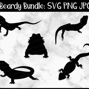 May include: A set of five black silhouette images of bearded dragons in various poses. The images are perfect for crafting projects, digital design, or printing.