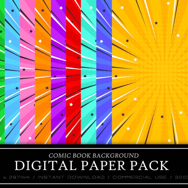 Comic Book Digital Papers / Background - PNG & JPG - Commercial use - Instant Download - Rainbow Pattern - Superhero Comicbook - Paper Pack