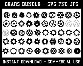 May include: A set of 48 black and white gear shapes in various sizes and styles. The gears are arranged in rows on a white background. The text "GEARS BUNDLE - SVG PNG JPG" is at the top of the image and the text "INSTANT DOWNLOAD - COMMERCIAL USE" is at the bottom of the image.