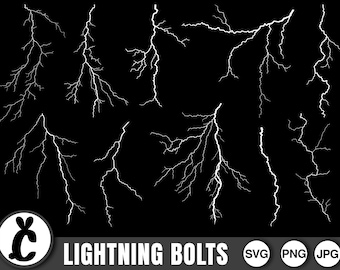 May include: A set of ten white lightning bolt illustrations on a black background. The bolts are of varying sizes and shapes, with some being more jagged than others.  The illustrations are perfect for use in digital or print projects.