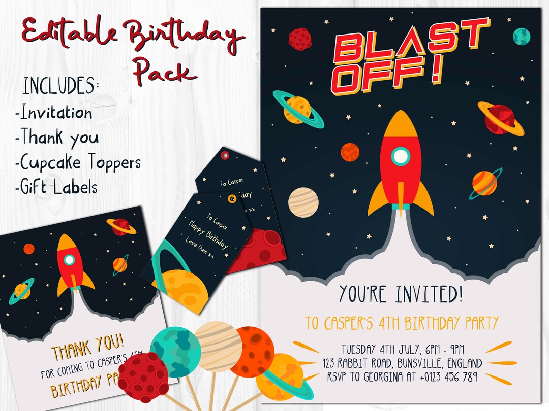 PRINTABLE - Blast Off, Party Pack, Customisable Invitation, Print at ...