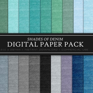 Puede incluir: Un paquete de papel digital con 24 tonos de mezclilla diferentes, cada uno mide 210 x 297 mm. El paquete es para descarga instantánea y uso comercial.