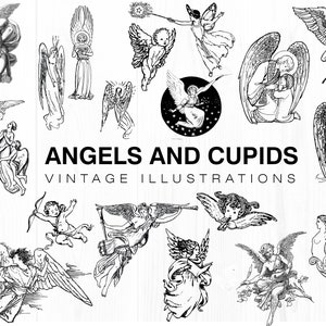 May include: A collection of vintage illustrations featuring angels and cupids. The images are black and white and depict various angels and cupids in different poses. The text "Angels and Cupids Vintage Illustrations" is displayed at the bottom of the image.