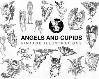 Angels & Cupids Illustrations Bundle - PNG - Sfondo trasparente, Uso commerciale, Download istantaneo, Illustrazione angelo, Disegno Cupido