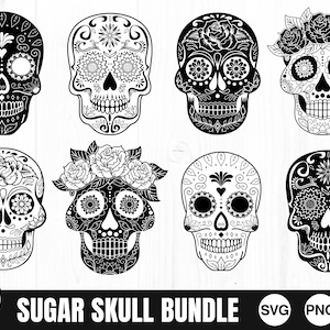 Zuckerschädel-Bundle - SVG, PNG, JPG - Kommerzielle Nutzung, Digitale Schnittdateien, Dateien für Cricut, Bereit zum Schneiden, Dista de los Muertos, Zuckerschädel, Schwarzweiß