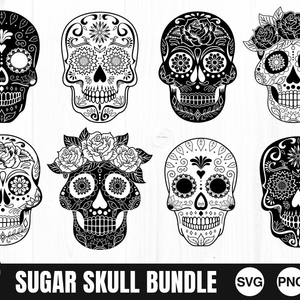 Sugar Skull Bundle - SVG, PNG, JPG - Commercial Use, Digital Cut Files, Files for Cricut, Ready to Cut, Día de los Muertos, Sugar Skull, B&W