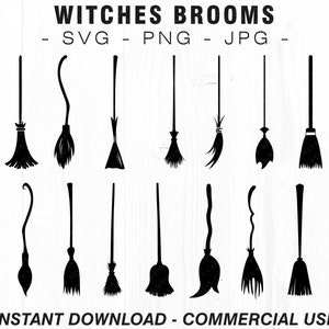 May include: Black silhouette illustrations of various witch brooms. The image includes brooms with straight and curved handles, and different styles of brush heads. Text at the top reads "WITCHES BROOMS - SVG - PNG - JPG -" and at the bottom "INSTANT DOWNLOAD - COMMERCIAL USE."
